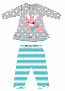 Çizgili takım elbiseli, beyaz arka planda pijamalı tatlı bir kız. vektör illüstrasyonu.