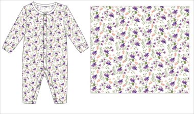 Mor elbiseli ve çiçek desenli bebek. vektör illüstrasyonu.