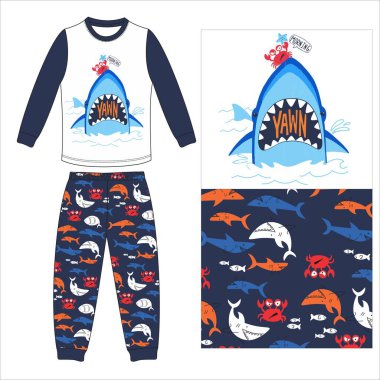 Erkekler uzun gömlek, uzun pantolon, uzun pantolon köpek balığı kral baskı vektörü.