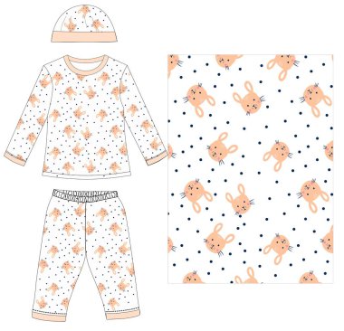 Pijamalı şirin bir çocuk ve bebek partisi için kıyafet takımı, bebek baskısı, kıyafetler, kıyafetler, aksesuarlar, kıyafetler ve aksesuarlar. vektör