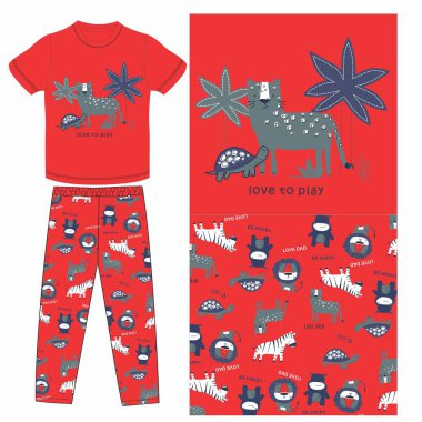 Vektör çocuklar şirin yavru hayvanlarla moda deseni tasarlıyorlar. Moda illüstrasyonu, çocuk kıyafetleri ve tişört, giysi, tekstil ve bebek kıyafetleri için aksesuarlar.