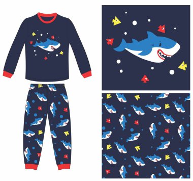 Sevimli çocuklar bir gecede giyer. Bir desenli çizgi film çizimi. Parmak izi, giysi, gömlek, yastık ve yastık.