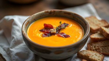 Ev yapımı sıcak Balkabagi çorbası Topingler ile