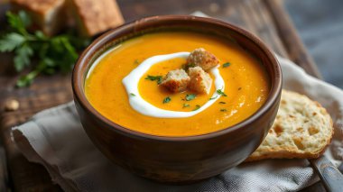 Ev yapımı sıcak Balkabagi çorbası Topingler ile