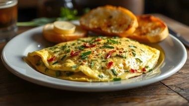 Ot omlet Frenk soğanı ve kekik serpilir ile pul biber, sarımsak panini tost