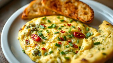 Ot omlet Frenk soğanı ve kekik serpilir ile pul biber, sarımsak panini tost