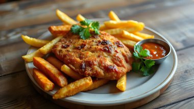 Şnitzel ile patates kızartması ve baharatlı bir dalış