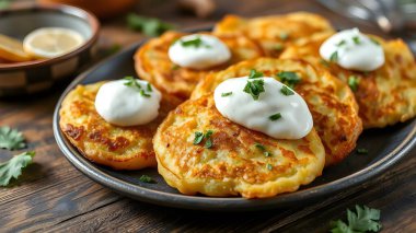 Ekşi krema, otlar ve sarımsak ile patates pancakes