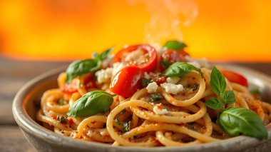 Bütün tahıl makarna peynir, domates ve fesleğen ile