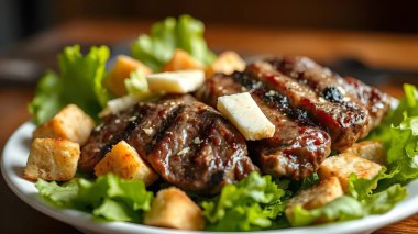 Parmesan peynirli ve marullu biftek Sezar salatası. Sağlıklı yemek.