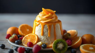 Pasta cadısı Orange Mousse Mandarin sosu ve meyve.