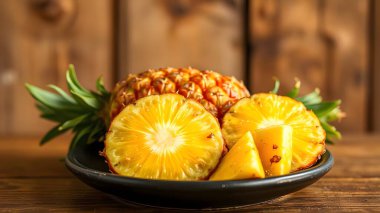 Fresh juicy pineapple slices on black plate. rustic background