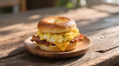 Ahşap masa üzerinde omlet ile Bagels kahvaltı sandviç