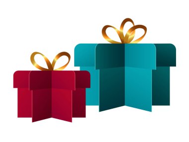 İki hediye kutusu. Kırmızı ve Mavi kağıt, hediyeleri altın fiyonklarla keser. Tebrik kartı, satış tasarımı, afiş, web illüstrasyonu, ikon veya logo için. Vektör illüstrasyonu EPS 10