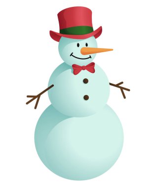 Snowman with red hat and bowtie isolated on white background. For Greeting cards, sale decorating and Christmas events. Vector illustration clipart