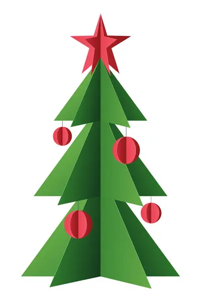 Kırmızı toplar ve yıldızlarla süslenmiş kağıt kesiği Noel ağacı. Noel kartı, web tasarımı, poster, oyun ve afiş tasarım unsurları. Şablon. İzole vektör illüstrasyonu EPS 10.