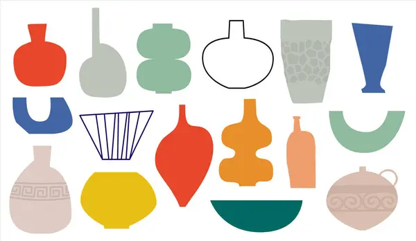 Moda minimalizminde vektör seramik vazolar. Posterler için modern çömlekçilik, soyut duvar sanatı, davetiye, sosyal medya paylaşımları ve hikayeler. Vektör EPS 10 tasarım ögeleri.