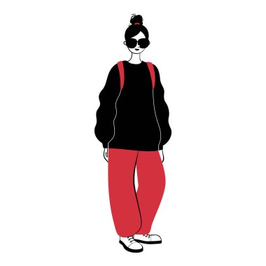 Gündelik kıyafet giymiş genç bir kadın. Modern el çizilmiş kadın karakter. Güneş gözlüklü siyah kazak giyen mutlu kız. Düz vektör çizimi beyaz arkaplanda izole edildi.