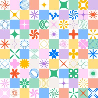 Geometrik, soyut, dikişsiz, gaddar şekilli bir şekil. Web tasarımı, kapağı, posteri ve kartviziti için şebeke kompozisyonu olan basit bir geçmişe dönük geçmiş. Y2K şablon vektör çizimi.