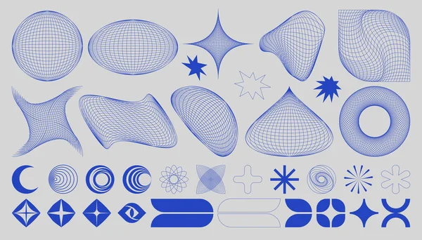 Soyut vahşi elementler, kablolar, 3 boyutlu geometrik şekiller ve ızgara deformasyonu. Siberpunk ve retro fütüristik formlar. Vektör Y2K estetik geometrik grafik.