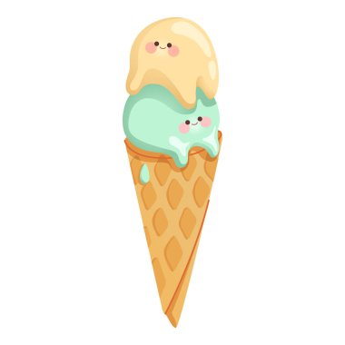 Gülen yüzlü tatlı dondurma külahları. İki kepçe dondurma çizgi film karakteri. Vektör illüstrasyonu. 