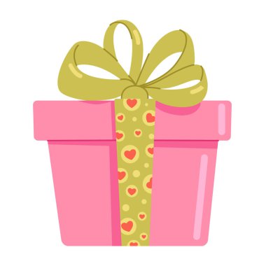 Sevgililer Günü hediye kutusu. Yeşil fiyonklu pembe hediye kutusu. Pankartlar, tebrik kartları ve ambalaj tasarımı için düz stil çizimi. Vektör illüstrasyonu.