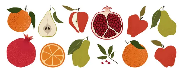 Abstract Fruits Set Orange Apple Pomegranate Pear Healthy Organic Food — Stock Vector