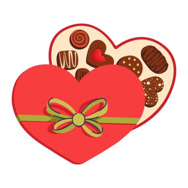 Kalp şeklinde bir kutu çikolata şekeri. Sevgililer günü, doğum günü, Mather 's Günü tebrik kartları, afişler vs. için farklı çikolatalı bonbonlar içeren açık bir hediye kutusu. Vektör illüstrasyonu.