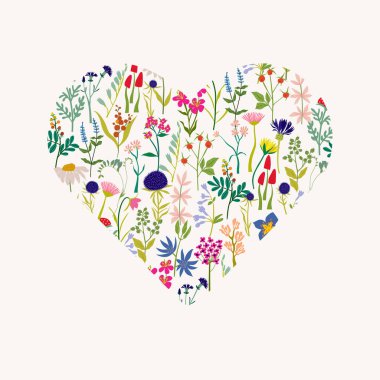 Soyut çiçeklerin kalp şekli. Çiçek kalp şeklinde düğün, anneler günü ya da sevgililer günü tebrik kartı, çıkartma, pankart, davetiye, kartpostal. Botanik vektör illüstrasyonu.