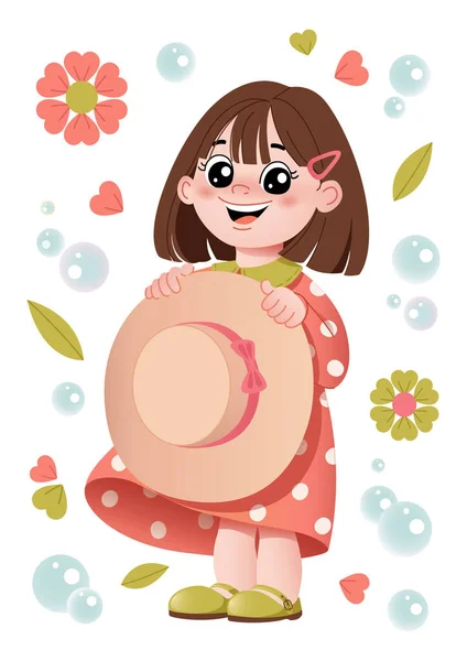 Elinde şapkası olan sevimli, gülümseyen bir Kawaii kızı. Mutlu bir kızla, çiçek elementleri ve kabarcıklarla dolu. Güzel kız çizgi film karakteri. Vektör illüstrasyonu EPS.