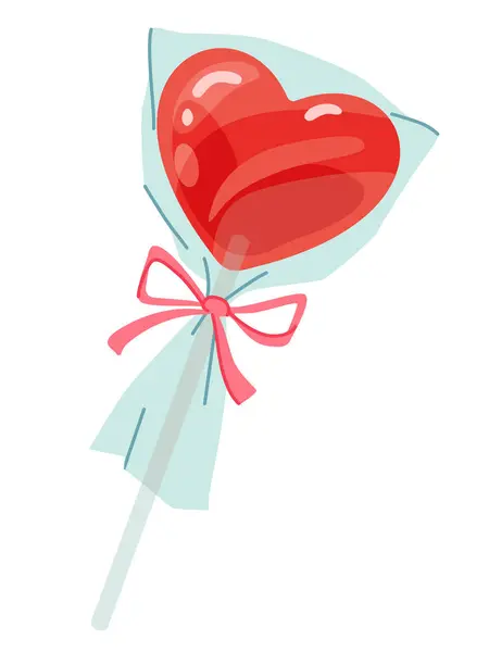Kalp şeklinde lolipop şekeri pakette. Çubukta kırmızı şeker. Sevgililer Günü için romantik aşk sembolü, yeni yıl, Noel tebrik kartı, davetiye, internet, afiş. Vektör İllüstrasyonu.