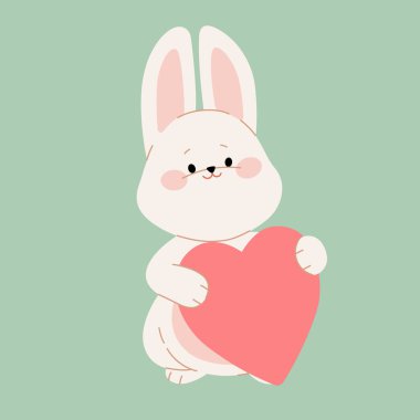 Sevimli beyaz tavşanın elinde kırmızı bir kalp var. Sevgililer Günü için düz çizgi film karakteri, Paskalya tebrik kartı, davetiye, çıkartma, afiş. Vektör illüstrasyonu.