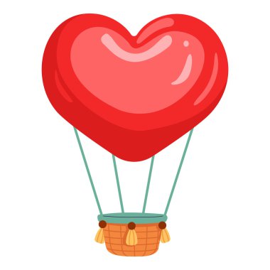 Kalp şeklinde hava balonu. Sevgililer Günü ve doğum günü tebrik kartı için sıcak hava balonu, davetiye, web tasarımı, afiş tasarımı, çıkartma. Düz çizgi film vektör çizimi.