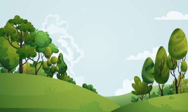 Tepeler, yeşil ağaçlar, çalılar, çimenler, çayırlar olan yaz manzarası. Mavi gökyüzü, bulutlar, orman, park, çalılar, çizgi film tarzında ağaçlar. Woodland arkaplan vektör illüstrasyonu.
