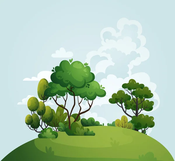 Tepeler, yeşil ağaçlar, çalılar, çimenler, çayırlar olan yaz manzarası. Mavi gökyüzü, bulutlar, orman, park, çalılar, çizgi film tarzında ağaçlar. Woodland arkaplan vektör illüstrasyonu.
