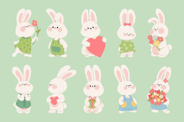 Aşık şirin tavşanların koleksiyonu. Mutlu tavşan karakterleri. Hediyeleri, kalpleri, çiçekleri olan çiftler. Kawaii tavşanları Sevgililer Günü kartı, çıkartma, afiş, paket tasarımı. Vektör illüstrasyonu