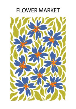 Soyut çiçek posteri. Moda tasarımlı çiçek pazarı sanatı. Botanik, minimalist, modern, saf, düz hippi, harika iç dekorasyon, resim. Vektör illüstrasyonu EPS 10