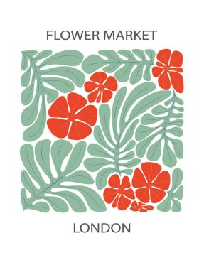 Soyut çiçek posteri. Moda tasarımlı çiçek pazarı sanatı. Botanik, minimalist, modern saf düz hippi moda moda iç dekorasyon, resim.. 