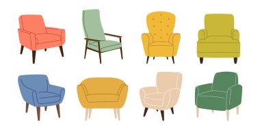 Koltuk hazır. Modern renkli döşemeli sandalyeler. Yastıklı modern koltuk mobilyaları. Moda İskandinav koltukları. Beyaz arkaplanda izole edilmiş çizgi film düz vektör çizimi.