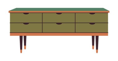 Çekmece sandığı. Yeşil ahşap modern tuvalet ya da iç mekan için şifonyer. Oturma odası için İskandinav tarzı mobilyalar. Düz vektör çizimi beyaz arkaplanda izole edildi.