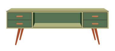 Çekmece sandığı. Yeşil ahşap modern tuvalet ya da iç mekan için televizyon sehpası. Oturma odası için İskandinav tarzı mobilyalar. Düz vektör çizimi beyaz arkaplanda izole edildi.
