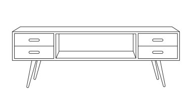 Göğüs çekmeceleri ana hatları simgesi. Televizyon sehpası ve şifonyer çizgisi çizimi. Modern tuvalet, ev içi için İskandinav tarzı mobilyalar. Beyaz arkaplanda izole edilmiş doğrusal vektör çizimi.