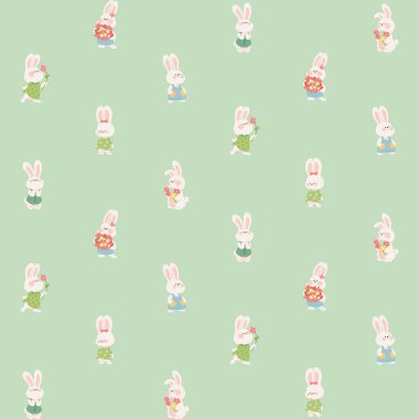 Sevimli tavşanlarla kusursuz desen. Paket kağıtları, duvar kağıtları, paket, kumaş, sevgililer günü dekorasyonu, paskalya, doğum günü davetiyeleri için yeşil arkaplan. Vektör.