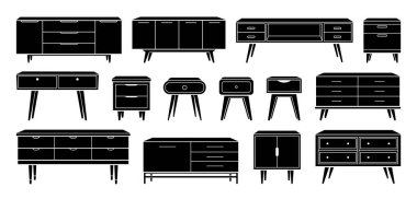 Çekmeceler ve komodin siluet simgesi seti. Televizyon stantları, tuvaletler, terziler ev tasarımı için moda depolama mobilyaları. Düz tek renkli vektör çizimi beyaz arkaplanda izole edildi.