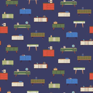Şifreli ve mavi arka planda çekmeceleri olan kusursuz bir desen. Mobilyaları düz olan vektör arkaplan. Ambalaj, kumaş, ambalaj, kapak, iç dekorasyon için modern vektör tasarımı.