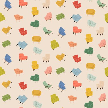 Bej arka planda sandalyeleri ve koltukları olan kusursuz bir desen. Modern renkli döşenmiş mobilyalarla donatılmış bir arka plan. Paketleme, iç dekorasyon, ambalaj, kapak ve kumaş için düz vektör tasarımı.