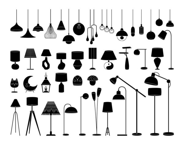 Lamp silhouette icon set. Black color logos floor lamp, nightlights, chandeliers ceiling lamp, table lamp. Modern interior light furniture. Flat silhouette vector illustration isolated on white.