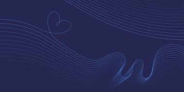 Soyut arkaplan. Koyu mavi arka planda dalgalı teknoloji çizgileri. Kalp şeklinde akan çizgiler. Pankart, iniş, web sitesi, poster, kapak ve broşür için fütüristik arka plan şablonu. Vektör EPS10.