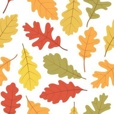 Sonbahar pürüzsüz bir desen bırakır. Sonbahar meşesi, akçaağaç ve kestane yaprağı. Kaplama kağıdı, duvar kağıdı ve kumaş için botanik sezonluk arka plan. Beyaz arkaplanda vektör sonbahar yaprakları izi.