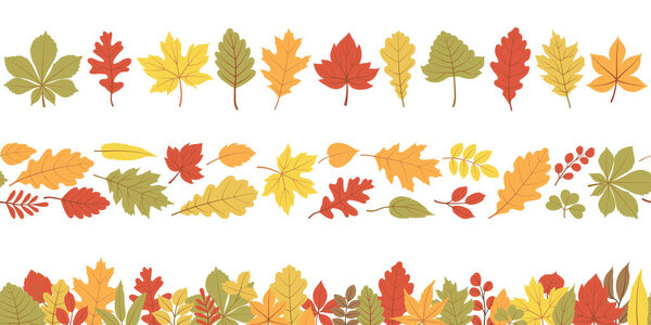 Autumn leaves a seamless border vector set. Different horizontal endless borders with forest leaves in bright colors. Seasonal fall design for greeting cards, banners, washi tape, and Thanksgiving day